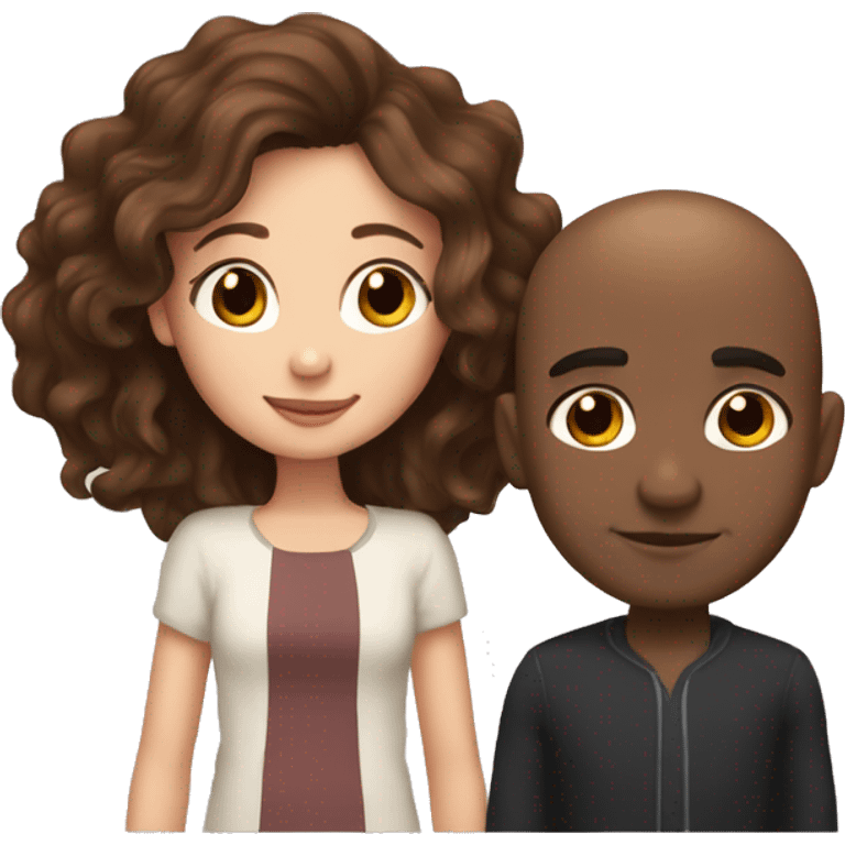 Beautiful Girl with long brown hair and boy with brown hair cuddling, Bald black man  emoji