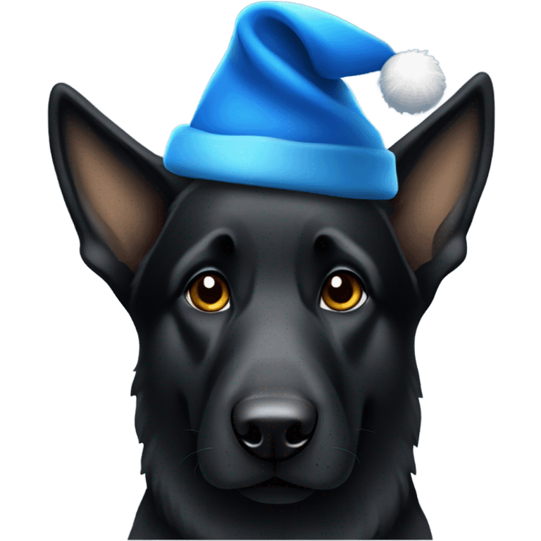 All black German shepherd with blue Santa hat emoji