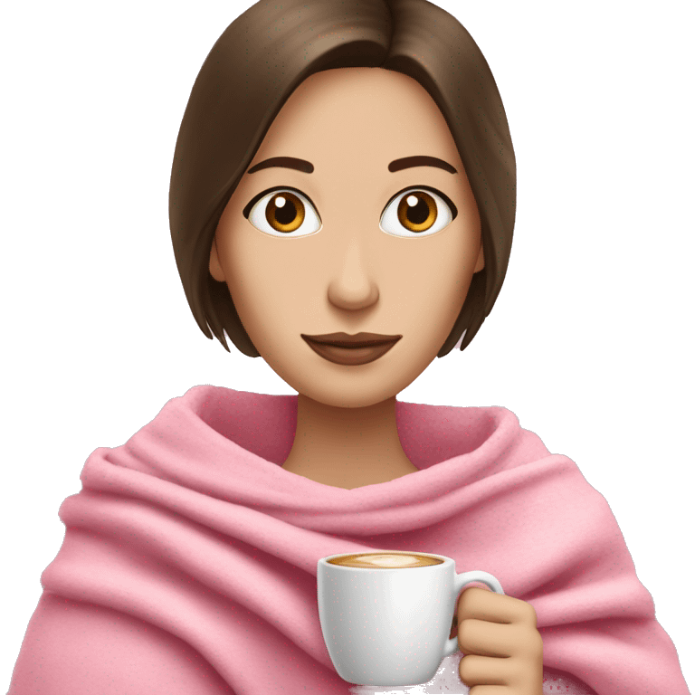 Brunette white skin in pink blanket with coffee emoji