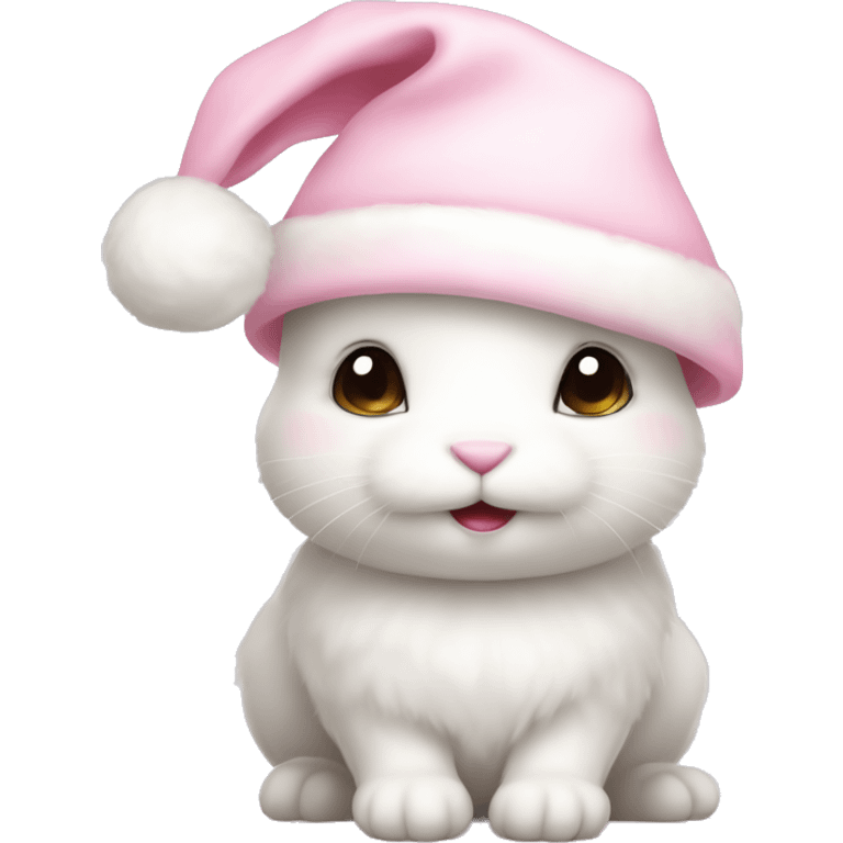 A white little cute bunny wearing a little cute pastel pink Christmas hat emoji