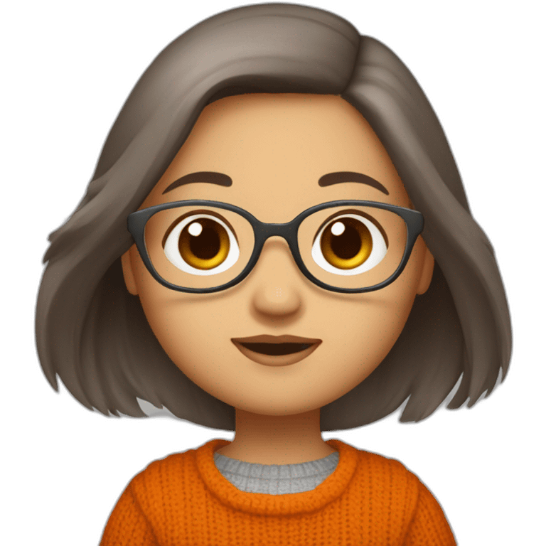 cute chubby girl with light grey glasses with long straight brown hair waving wearing a dark orange sweater emoji