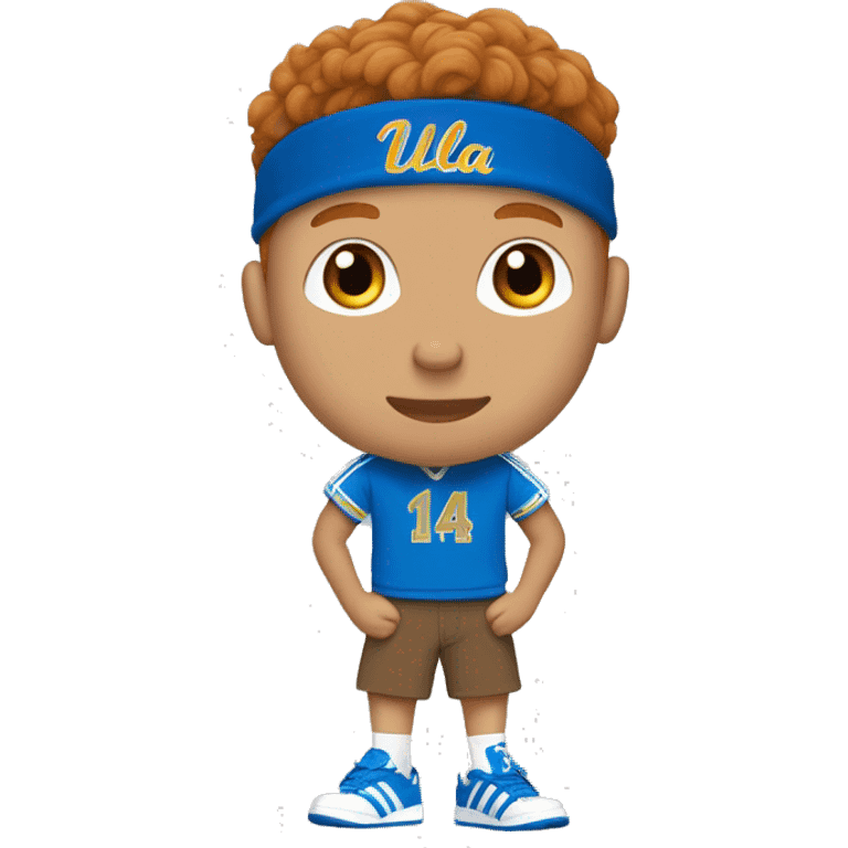 redhead college guy with light skin wearing a ucla shirt, brown shorts, and adidas sambas emoji