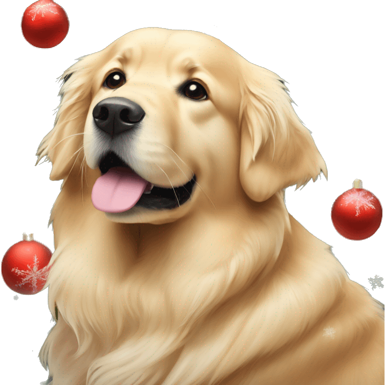 golden retriever next to a christmas tree with snowflakes falling emoji