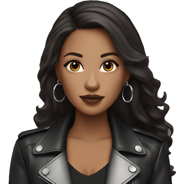 Glamour brunette in leather jacket long dark hair and silver hoop earrings emoji