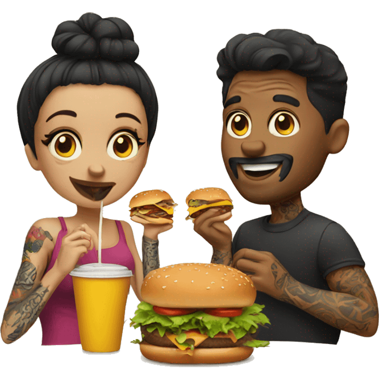 Beautiful tattooed couple eating burgers emoji