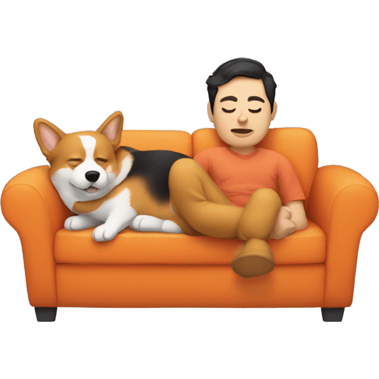 Man sitting on a couch with dark hair and has a corgi sleeping on one side and an orange cat on the other side  emoji