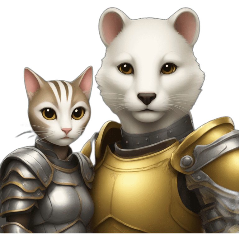 a badger with a lether armour beside a white female cat with a golden armour emoji