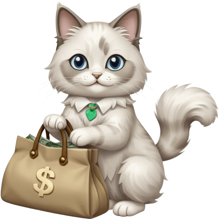 the ragdoll waves its paw and holds a bag of money emoji