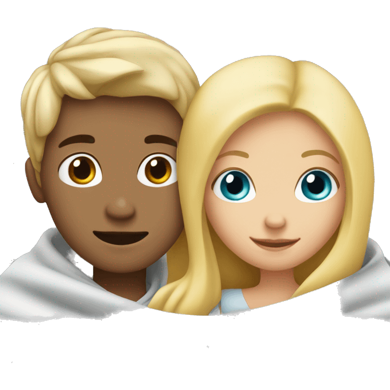 Blonde Girl and blonde boy hugging cuddled under a Blanket emoji