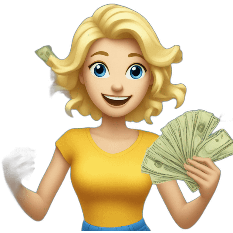 blonde girl with blue eyes rejoices and dances while holding money in her hands emoji