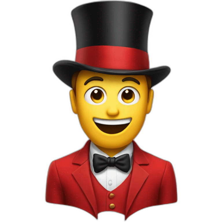 An entertainer in a red suit who has an open jaw instead of a head, and inside the jaw there are two eyes, and he also has a black top hat emoji