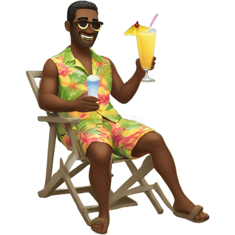 Man lounging by pool in Hawaiian shirt with pins colada emoji