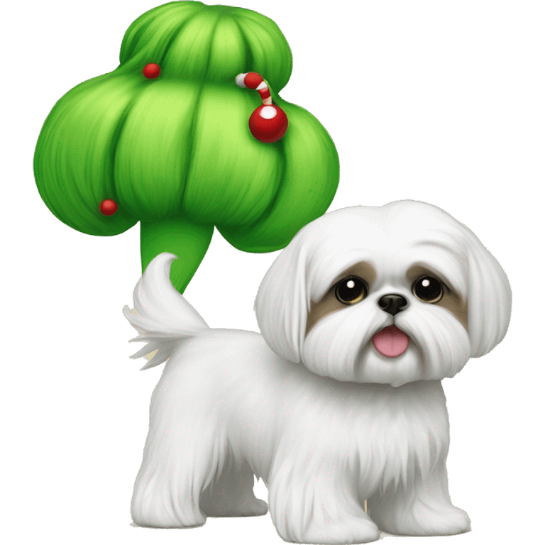 White Shih Tzu with a grinch toy ￼ emoji