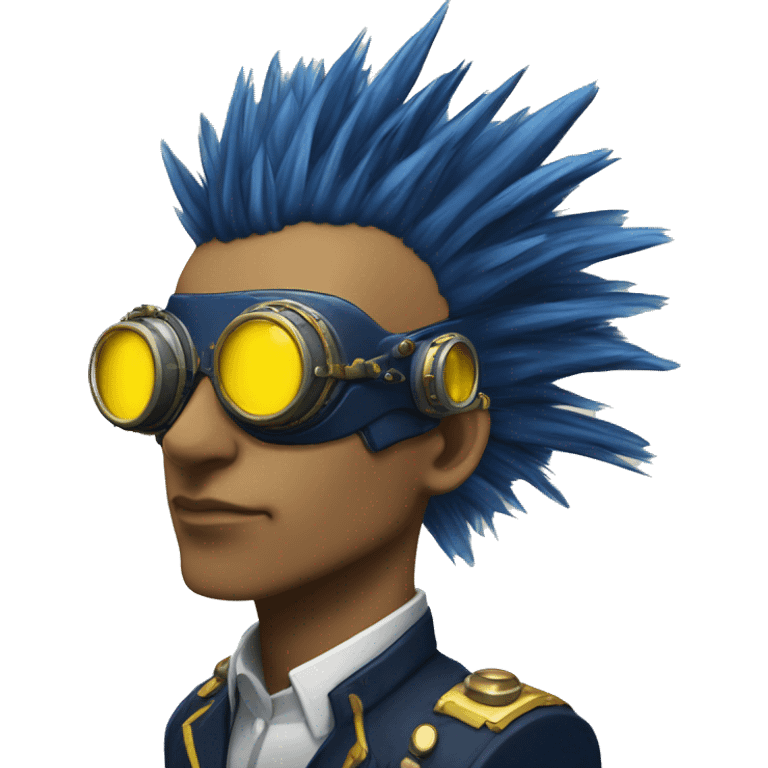 Navy blue Mohawk cyborg head with yellow steampunk goggles emoji