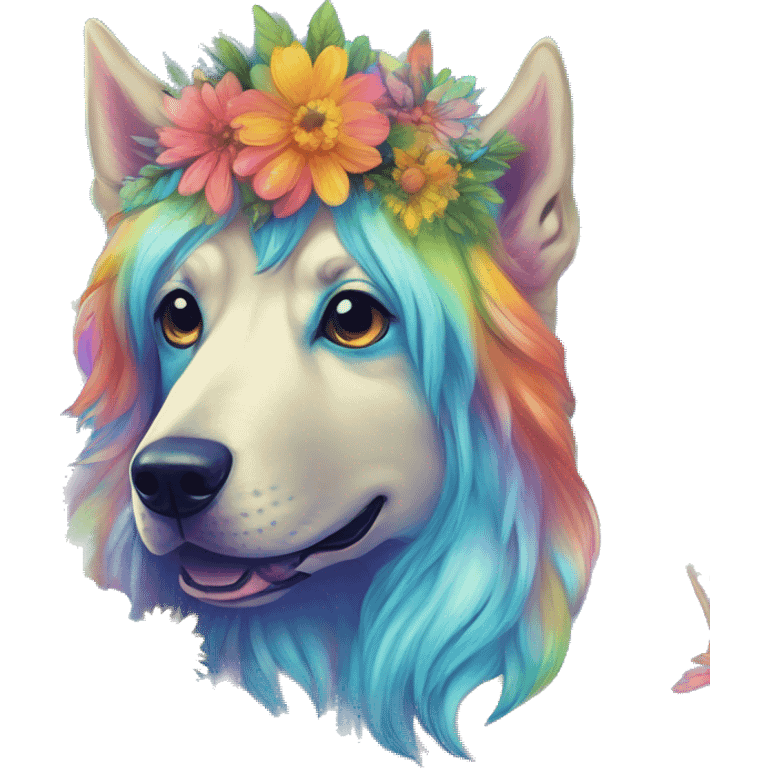 Multicolored rainbow retro groovy tie dye hippie trippy floral patterns on a metallic holographic iridescent blue dog face head unicorn emoji