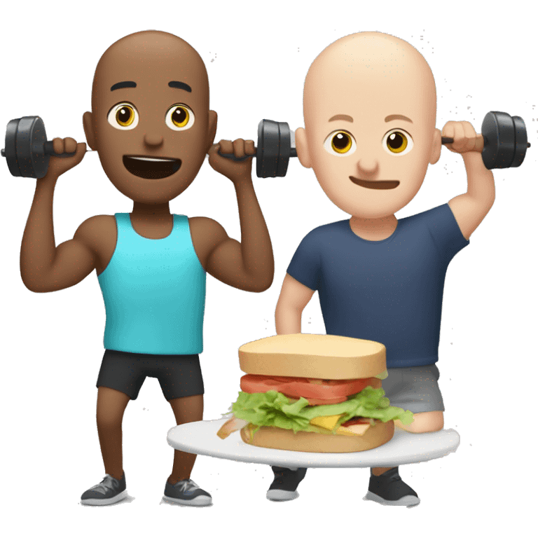 Bald man lifting weights to music while his friend eats a sandwich  emoji