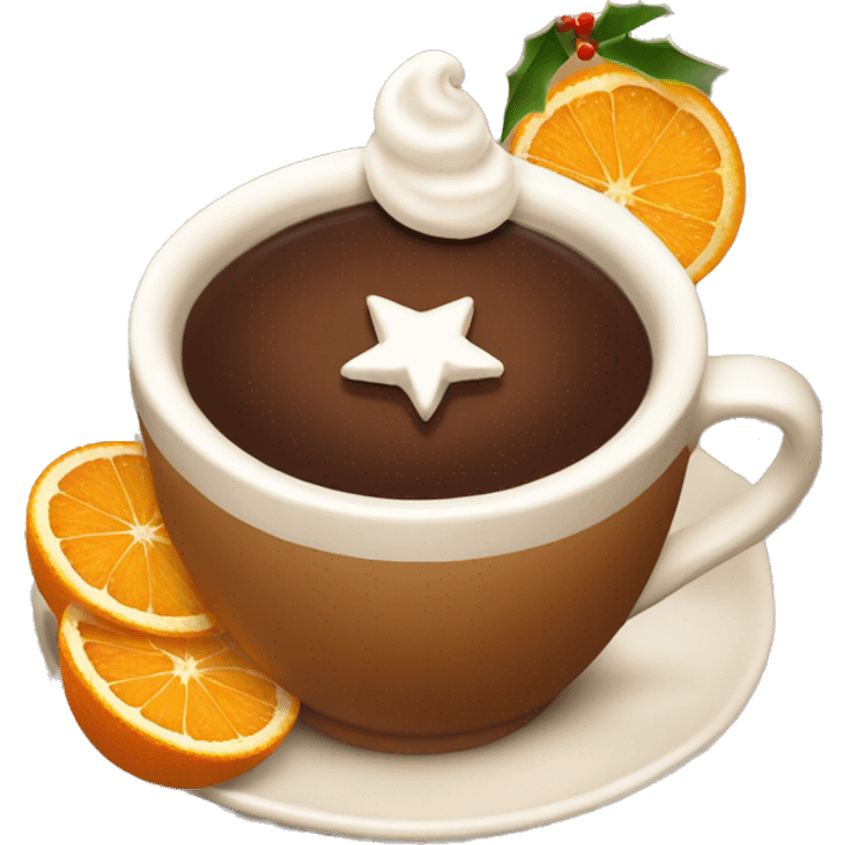 christmas tea with oranges, cinnamon and whipped cream in brown cup emoji