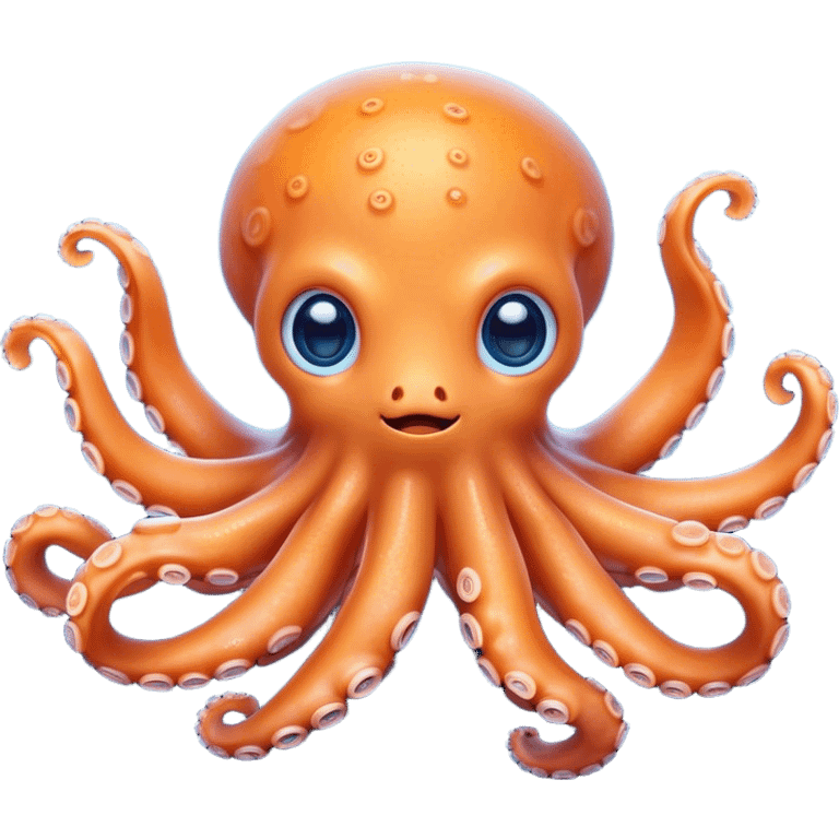 Cinematic Cute Octopus Portrait Emoji, Head tilted playfully and inquisitively, featuring a rounded, light orange body embellished with playful blue rings, eight adorably curling arms, and big, twinkling eyes full of wonder, Simplified yet irresistibly adorable features, highly detailed, glowing with a warm, inviting underwater glow, high shine, affectionate and lively, stylized with a touch of whimsical cartoon charm, soft glowing outline, capturing the essence of a mischievous yet loving octopus that seems as if it could bob out of the screen into your arms! emoji