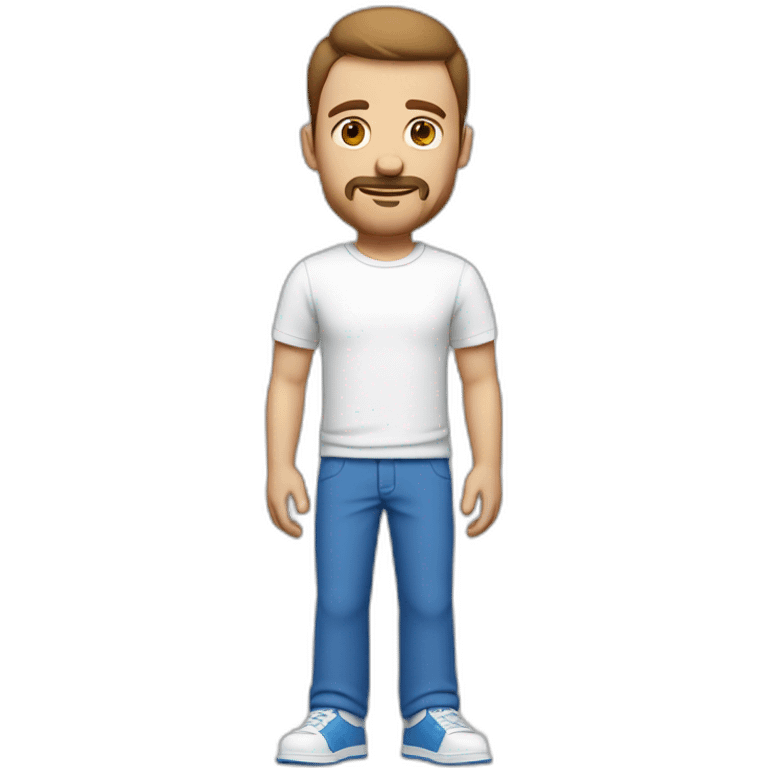 a white man with a round brown head with a small beard with a mustache with medium-short hair a wide white t-shirt and very wide blue pants and white shoes emoji