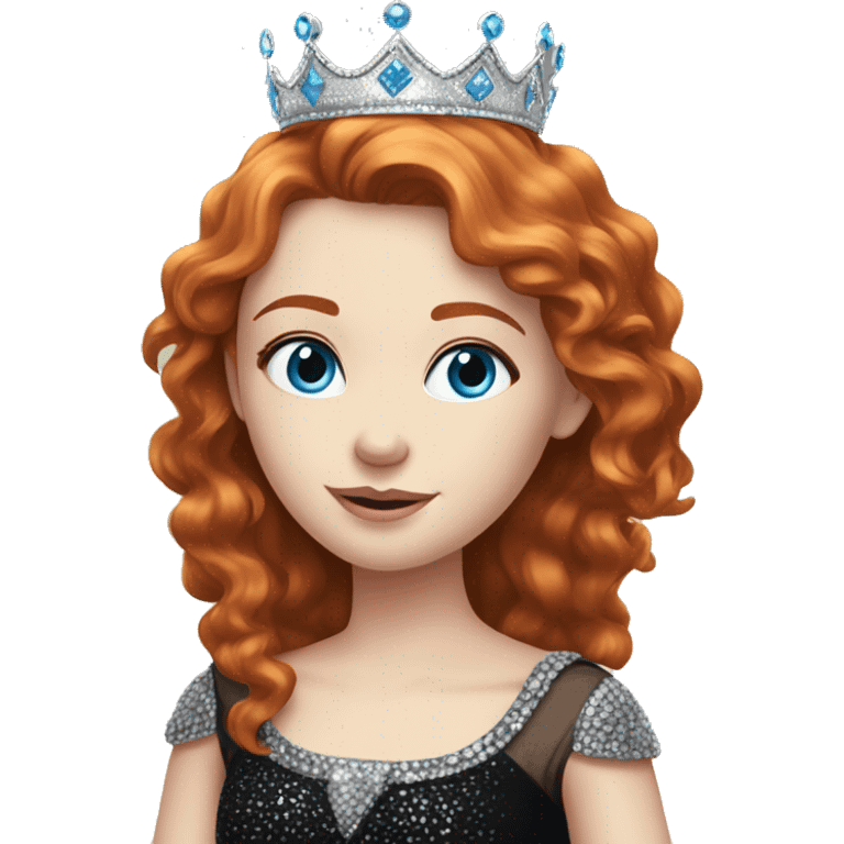 Beautiful girl with redhair, pale skin and bright blue eyes. She wears a sparkly black dress and a silver crown  emoji