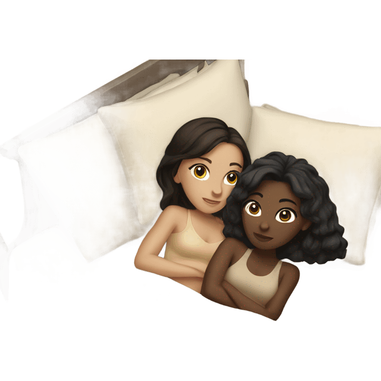 two white girls with dark colored hair in beige bed emoji