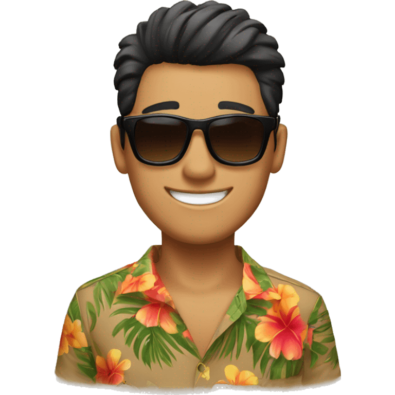 Smiling man, tan skin, black eyebrows, oblong face shape, dark brown messy haircut, wayfarer sunglasses, hawaiian shirt emoji