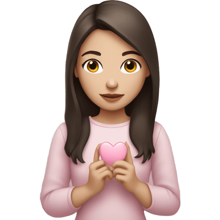 Brunette girl, white skin, holding a small pale pink heart  emoji