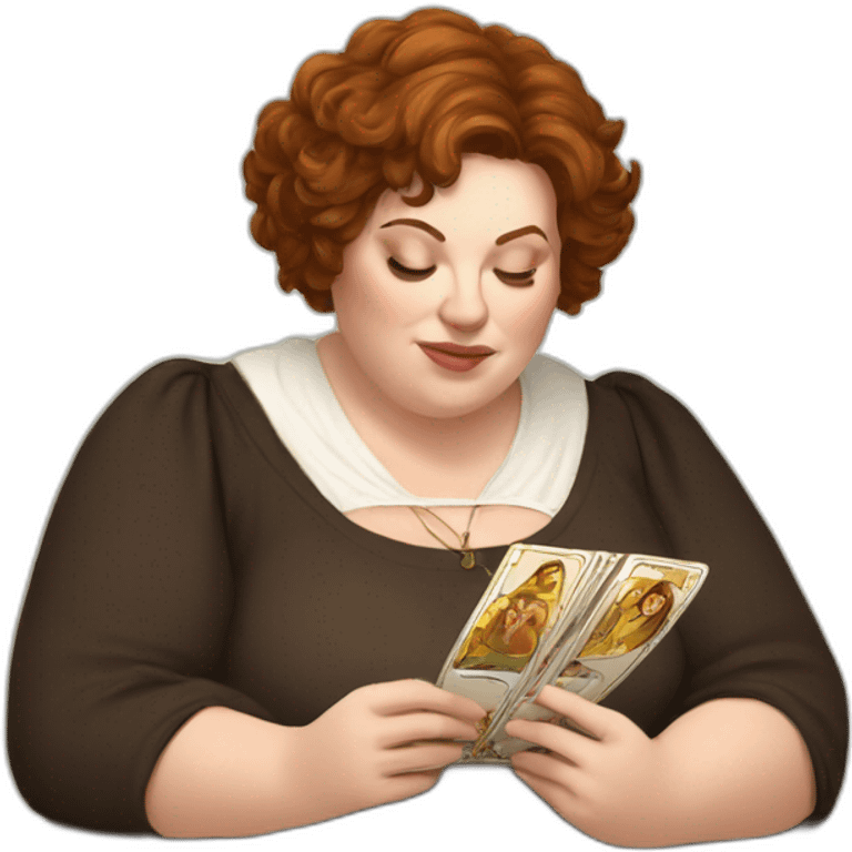 White big Woman, brown eyes, with short brown messy hair reading tarot card on a table emoji