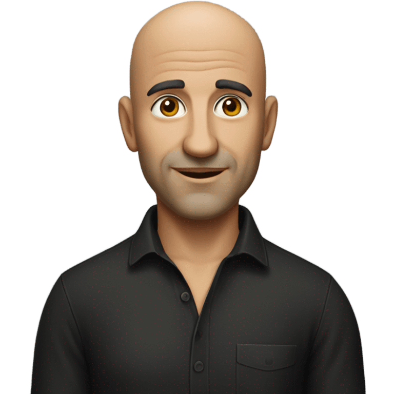 A middle-aged Italian man with olive-toned skin with bald hair and no facial hair. He is wearing a sleek black smart shirt, casually unbuttoned at the top. emoji