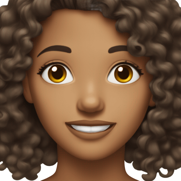 A brunette hot woman with brown eyes, makeup, smiling, a little curly and happy emoji