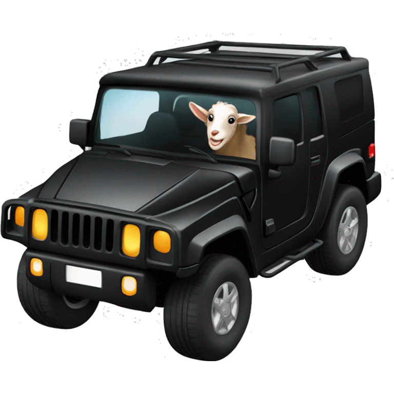 Goat in black puffy coat driving a black Hummer emoji