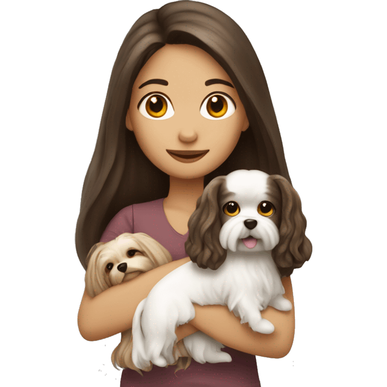 Brunette girl long hair holding a Maltese dog emoji