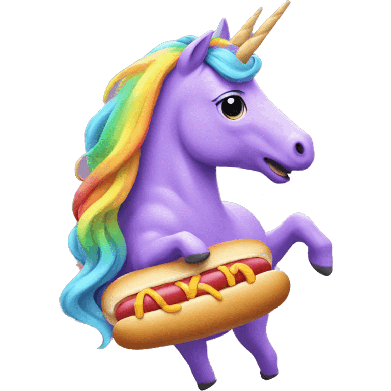 Purple unicorn with long blond hair on rainbow eating a hot dog emoji