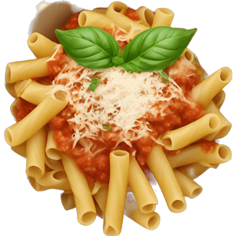 a bowl of pasta with tomato sauce and a sprig of basil and parmesan cheese on top emoji