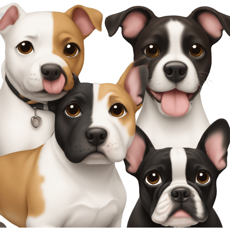 Two dogs, a White Bull terrier, and a black-and-tan frenchie hugging emoji