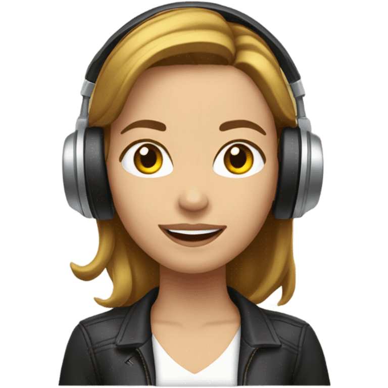 a female radio host with headphones speaking into a microphone. light brown hair with yellow emoji