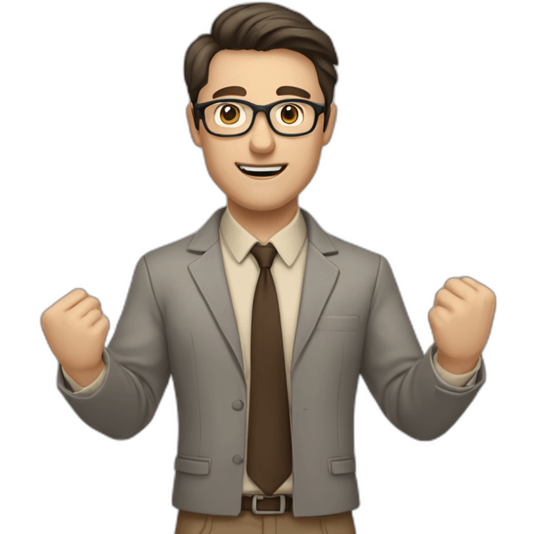 To belt Actively gesturing with hands Pale skinned fit man teacher with dark brown hair in gray jacket, beige office shirt, brown tie, brown pants and vintage glasses. emoji