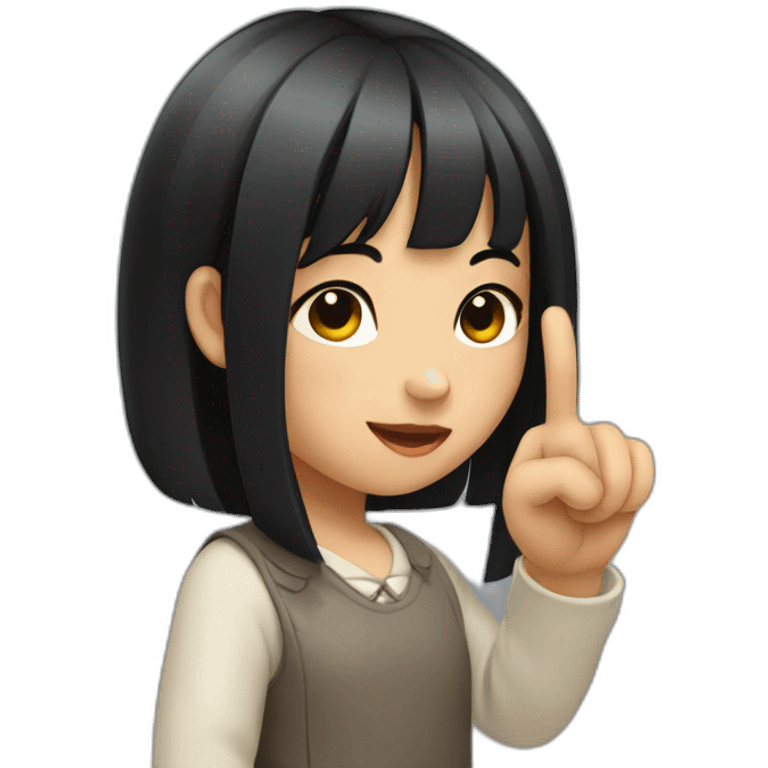 small girl with black hair showing hand with 1 finger up, pointer finger emoji