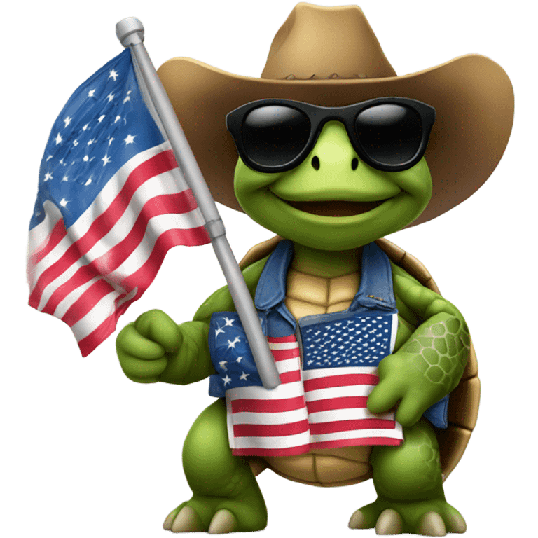 Tortoise with sunglasses and cowboy hat carrying American flag emoji