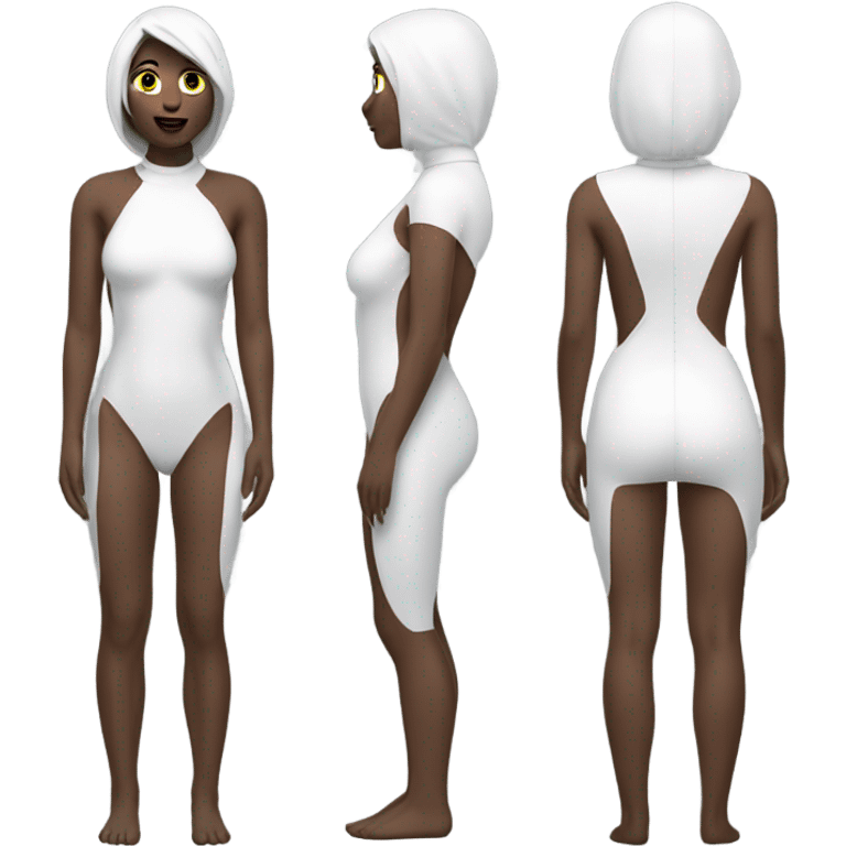 full covered woman in white latex bodysuit front and back zoomed out emoji