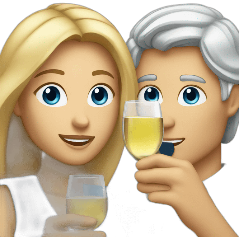 A white woman with brown eyes and blond medium long hair and a white man with blue eyes and grey hair, toasting with a glass of white wine emoji