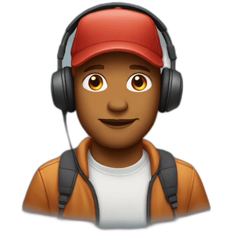 Man with red hair wearing headphones over a baseball cap emoji