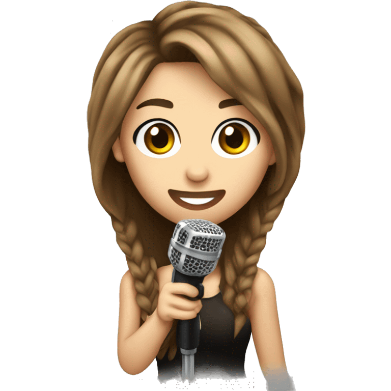 miley cyrus with long brown hair holding a microphone emoji