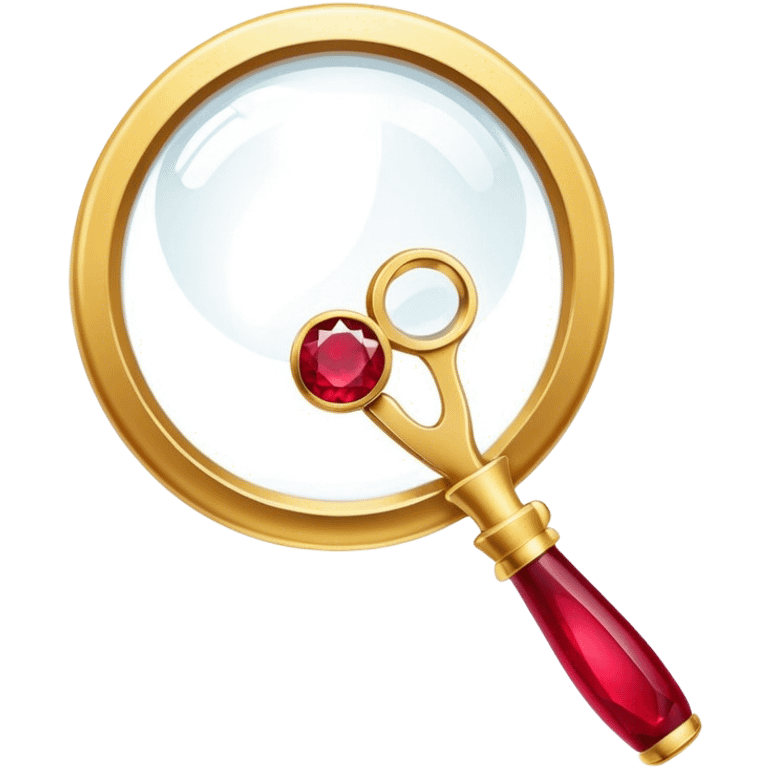 Jewelry art icon, golden ring with a ruby viewed through a magnifying glass, visible pliers beside it, minimalistic style, clean lines, transparent background. emoji