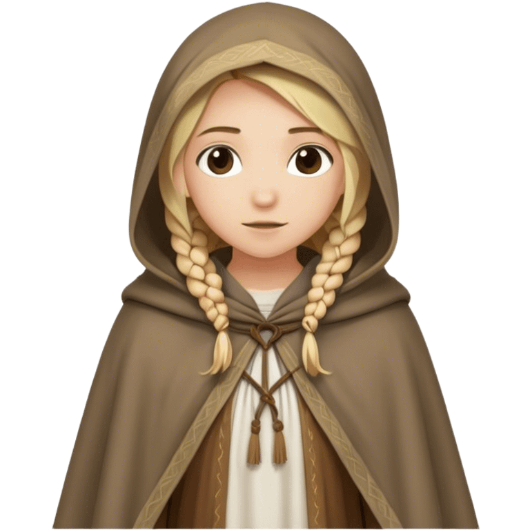 girl with blond braids wearing a tunic and a cloak with a hood over her shoulders holding a white cloth, medieval age emoji