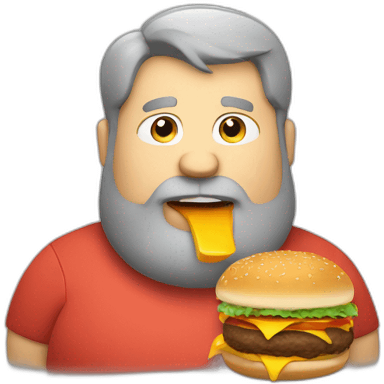 Fat man with grey short hair and a big beard eating a burger emoji