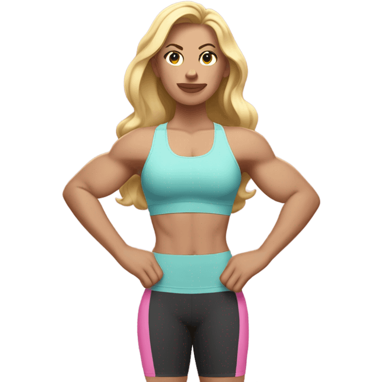 White woman, long hair, blonde hair, wavy hair, baby pink sports bra, flexing arm muscles emoji