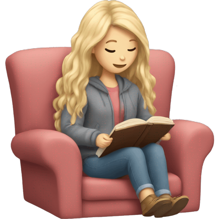 long hair white girl reading a book in cozy chair  emoji