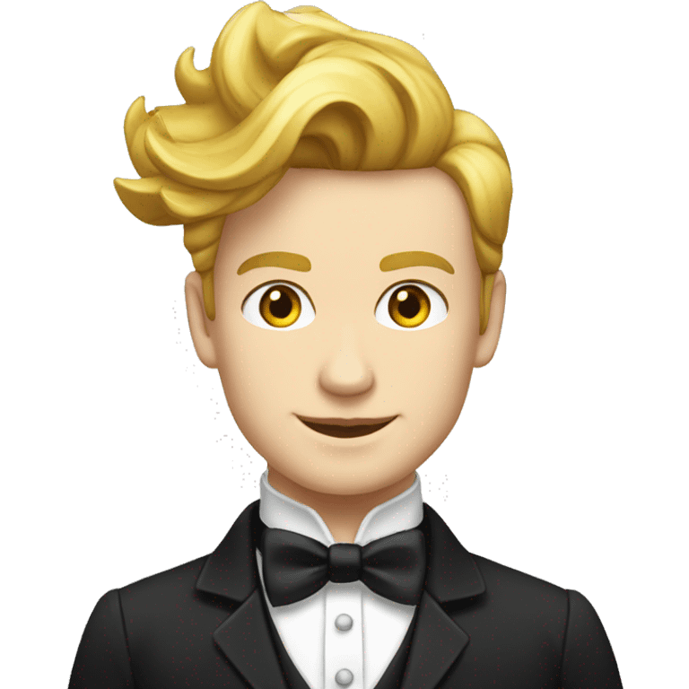 Full head young man, golden hair, white bow,, white bow tie, black jacket, white waistcoat and top hat, emoji