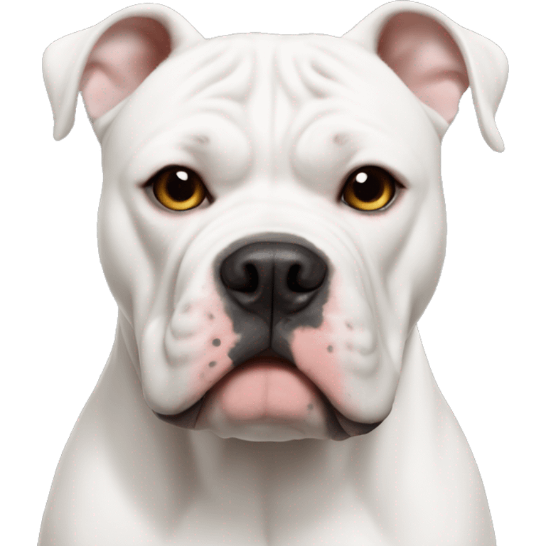 all white american bulldog with cropped ears and brown patch on one eye emoji